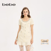 明星同款 bebe2025秋季 新款 女士落肩袖 荷叶边裙摆连衣裙350028