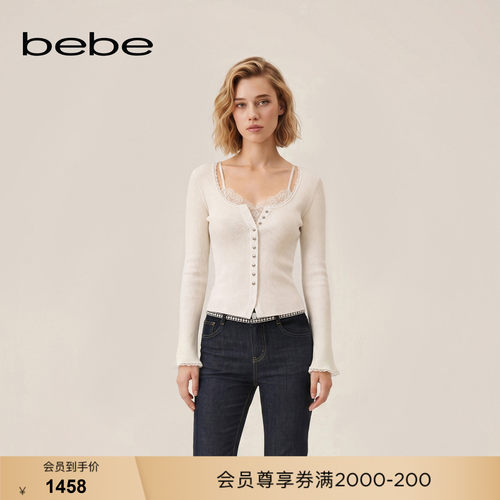 bebe2026秋季新款女士浪漫蕾丝领口羊毛混纺修身针织上衣330504