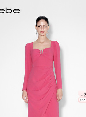 bebe秋冬系列女士气质方领蝴蝶结褶皱连衣裙350026