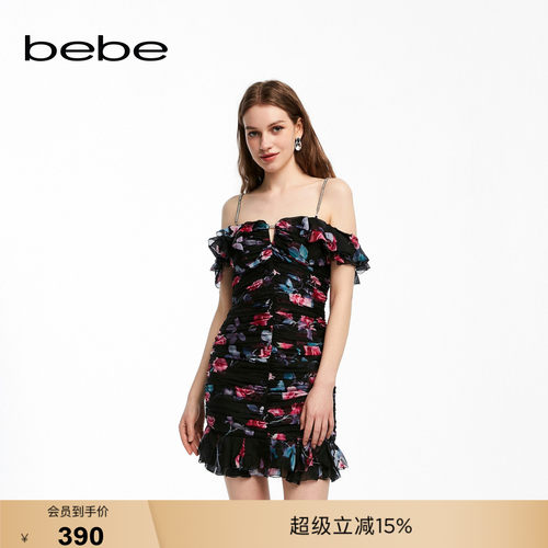 bebe夏季新款印花吊带连衣裙