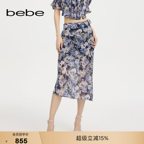 bebe夏季新款印花雪纺半身裙