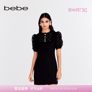 连衣裙150003 bebe2024春夏新款 女士气质蕾丝肌理感泡泡短袖