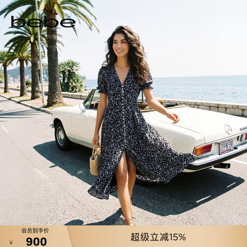 【博主同款】bebe2026夏季新款女士度假风碎花雪纺连衣裙250004