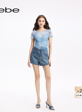 bebe秋季系列女士透明渐变烫仿钻牛仔短裤311501