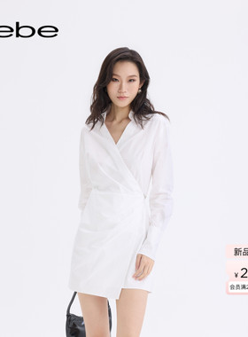 bebe2025秋季新款女士高智精英感白色长袖交叉领衬衫连衣裙350004