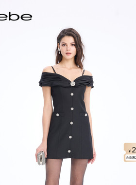 bebe2026春季新款女士千金风含羊毛气质露肩吊带连衣裙150017