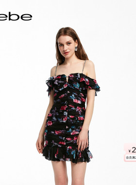 bebe夏季新款女士气质荷叶边印花吊带连衣裙250003