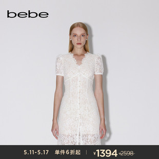 bebe2024夏季 延续 新款 经典 女士气质蕾丝V领纽扣连衣裙250020