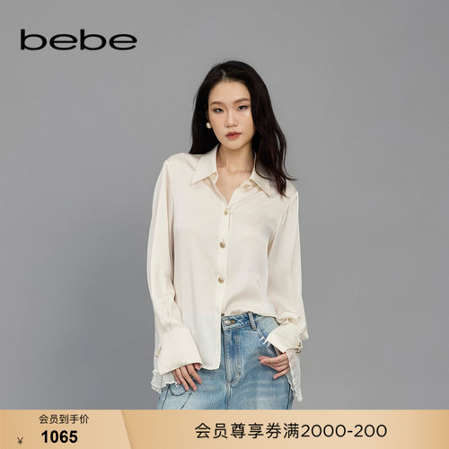 bebe春季新款雪纺压褶衬衫上衣