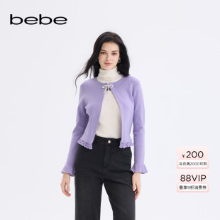 430604 饰蕾丝边针织开衫 bebe2025秋冬新款 女士清新紫色蝴蝶结装