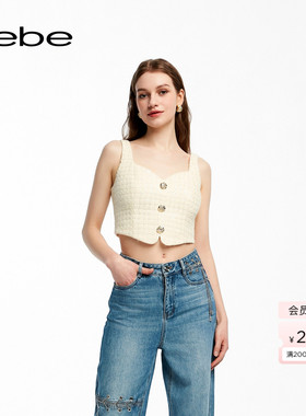 bebe夏季新款女士气质粗花呢纽扣短款马甲背心242001