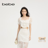 bebe2025夏季 280310 花边弧形下摆蕾丝梭织小衫 新款 女士短款