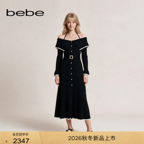 bebe2026冬季新款女士千金风立体肌理一字肩针织连衣裙430911