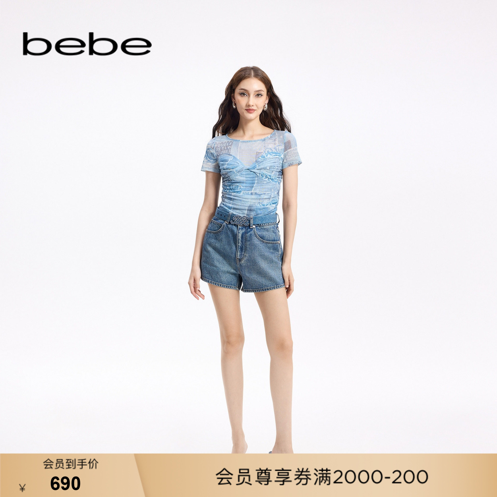 bebe秋季新款透明烫钻牛仔短裤图片