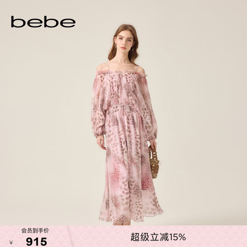 bebe2026夏季新款女士浪漫度假风印花雪纺松紧收腰连衣裙250003