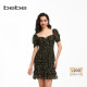 方领泡泡袖 bebe夏季 新款 荷叶边抽褶印花连衣裙250015