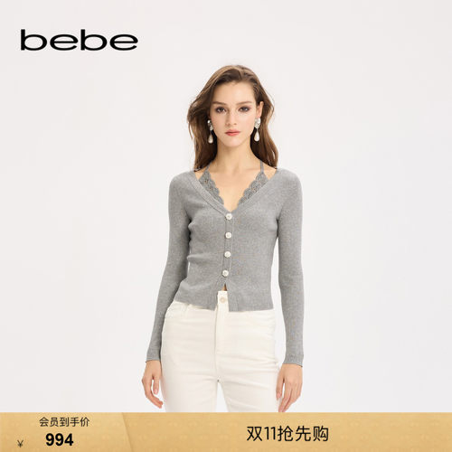bebe女士高智风V领挂脖蕾丝针格雷系毛衣织开衫330615