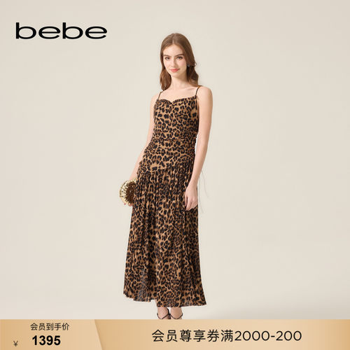 bebe2026夏季新款女士复古辣妹风爱心领豹纹吊带长款连衣裙230902