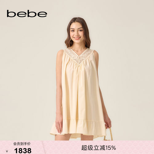 bebe2026夏季新款女士含棉V领无袖荷叶边蕾丝拼接连衣裙250021