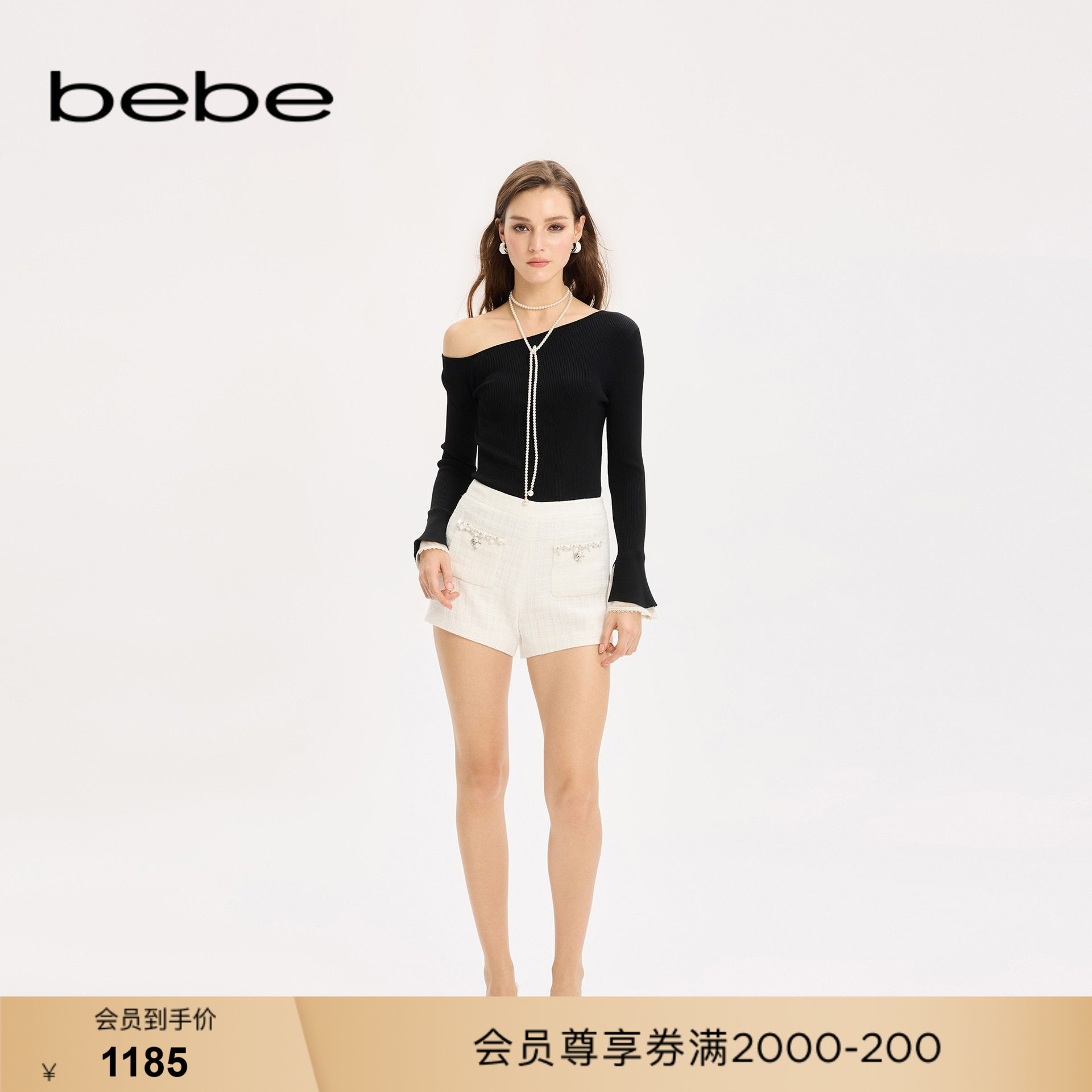 bebe女士日常通勤风百搭白色织带装饰气质短裤311503图片