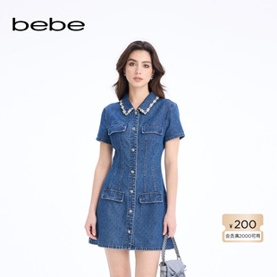 bebe2026春季新款女士气质通勤风娃娃领短袖牛仔连衣裙150004