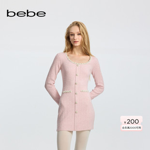 bebe冬季 纱针织连衣裙430904 系列女士甜美仿珍珠链条花边饰花式