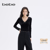 bebe2025秋冬新款 480101 梭织小衫 女士黑色深V领蝴蝶结装 饰长袖