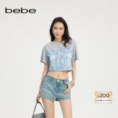 bebe2025夏季 新款 女士气质仿牛仔夹克印花拼接宽松T恤280302