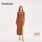 明星同款 bebe2025秋季 女士大船领开叉袖 长款 针织连衣裙330909