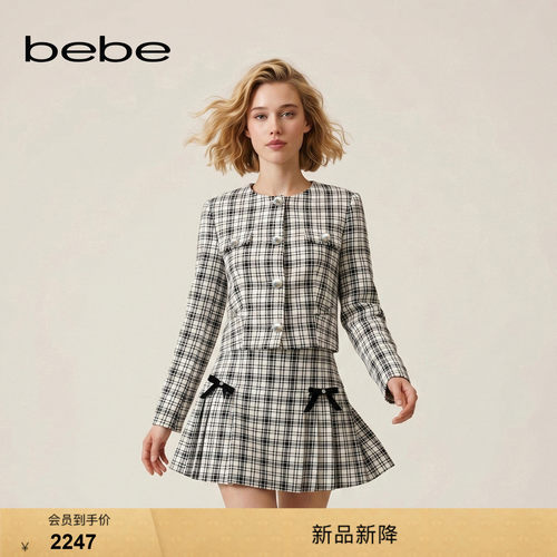 bebe2026秋季新款学院风复古斜纹格纹含棉仿珍珠纽扣外套340303