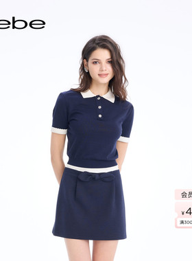 bebe2026春季新款女士优雅通勤风polo领含羊毛短袖针织上衣130403