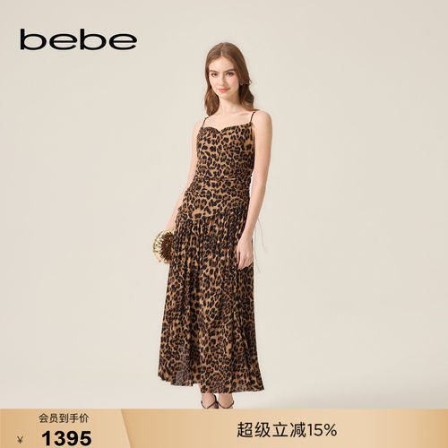 bebe2026夏季新款女士复古辣妹风爱心领豹纹吊带长款连衣裙230902