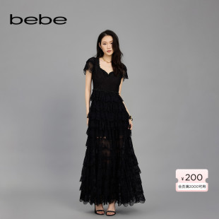 bebe2025春季 女士桃心型方领蕾丝压褶蛋糕礼服连衣裙150020 新款