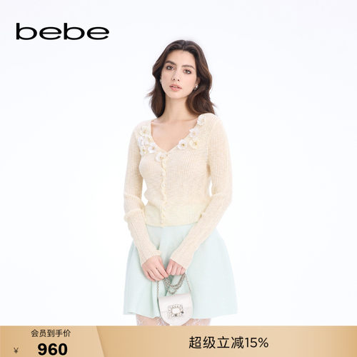 bebe2026春季新款女士重工立体花朵装饰V领长袖针织开衫130603