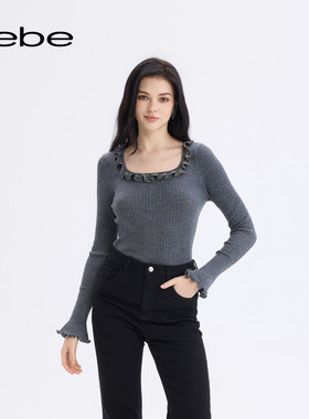 bebe2025秋冬新款女士纯色气质木耳边褶饰绵羊毛针织衫430501