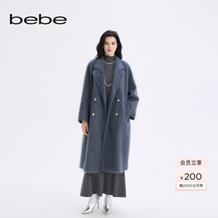 bebe2025秋冬新款 女士烟灰色含山羊绒大翻领格雷系毛呢大衣472101