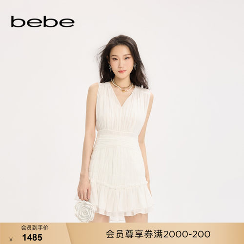 bebe春夏女士优雅千金风V领白色荷叶边无袖显瘦连衣裙250061