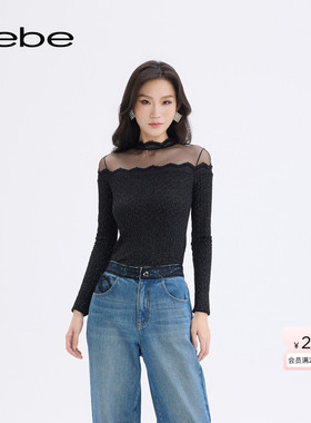 【明星同款】bebe2025秋冬新款女士气质蕾丝微透设计感上衣480103