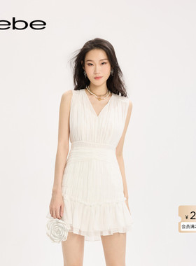 bebe2025夏季新款女士清新优雅气质V领无袖连衣裙250061