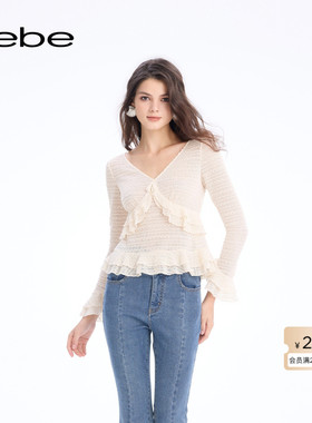 bebe2026春季新款女士V领袖口下摆荷叶边设计上衣180103