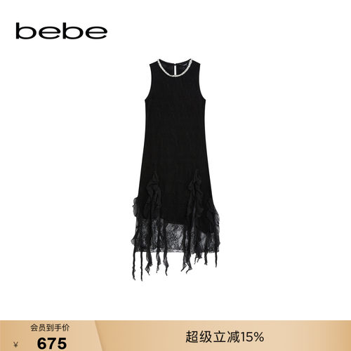 bebe2026夏季新款女士千金风圆领无袖针织小黑裙连衣裙250030