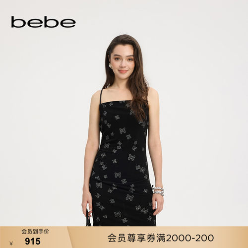 bebe夏季新款蝴蝶花吊带连衣裙