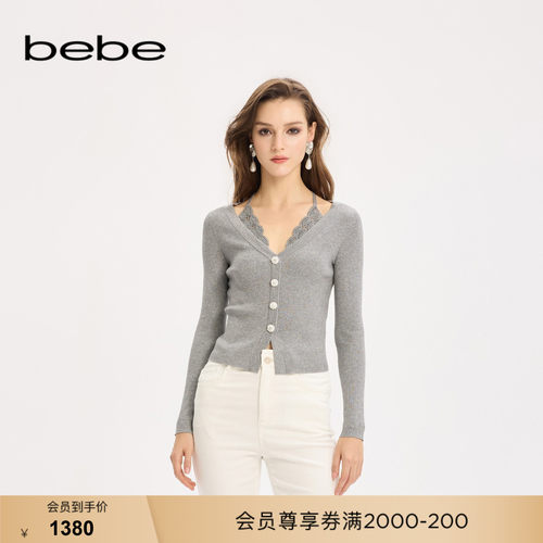 bebe女士高智风V领挂脖蕾丝针格雷系毛衣织开衫330615
