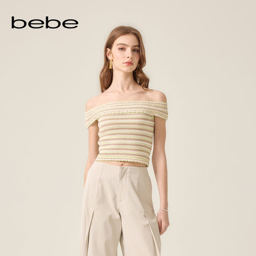 bebe2026夏季新款女士千金风含棉一字领手勾波浪边针织上衣230304