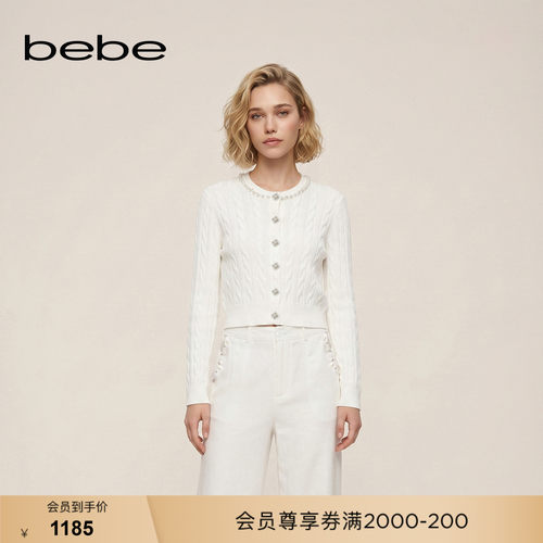 bebe2026新款女士轻奢极简风圆领长袖含羊毛针织开衫130609