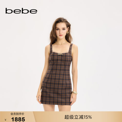 bebe女士复古学院风格纹设计蝴蝶结吊带A字连衣裙350015