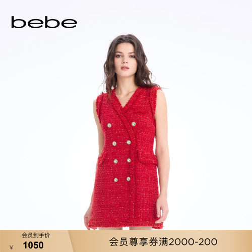 bebe2026春季新款女士经典酒红色千金玛德琳无袖重工连衣裙150011
