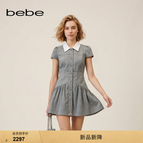 bebe2026秋季新款千金风羊毛混纺格纹翻领烫钻荷叶边连衣裙350019