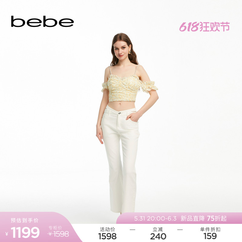 bebe2024夏季新款女士气质镂空微喇修身长款牛仔裤211001