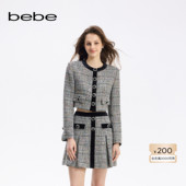 bebe秋季 女士编织肌理感花呢格纹仿钻扣气质花纱短款 外套340314
